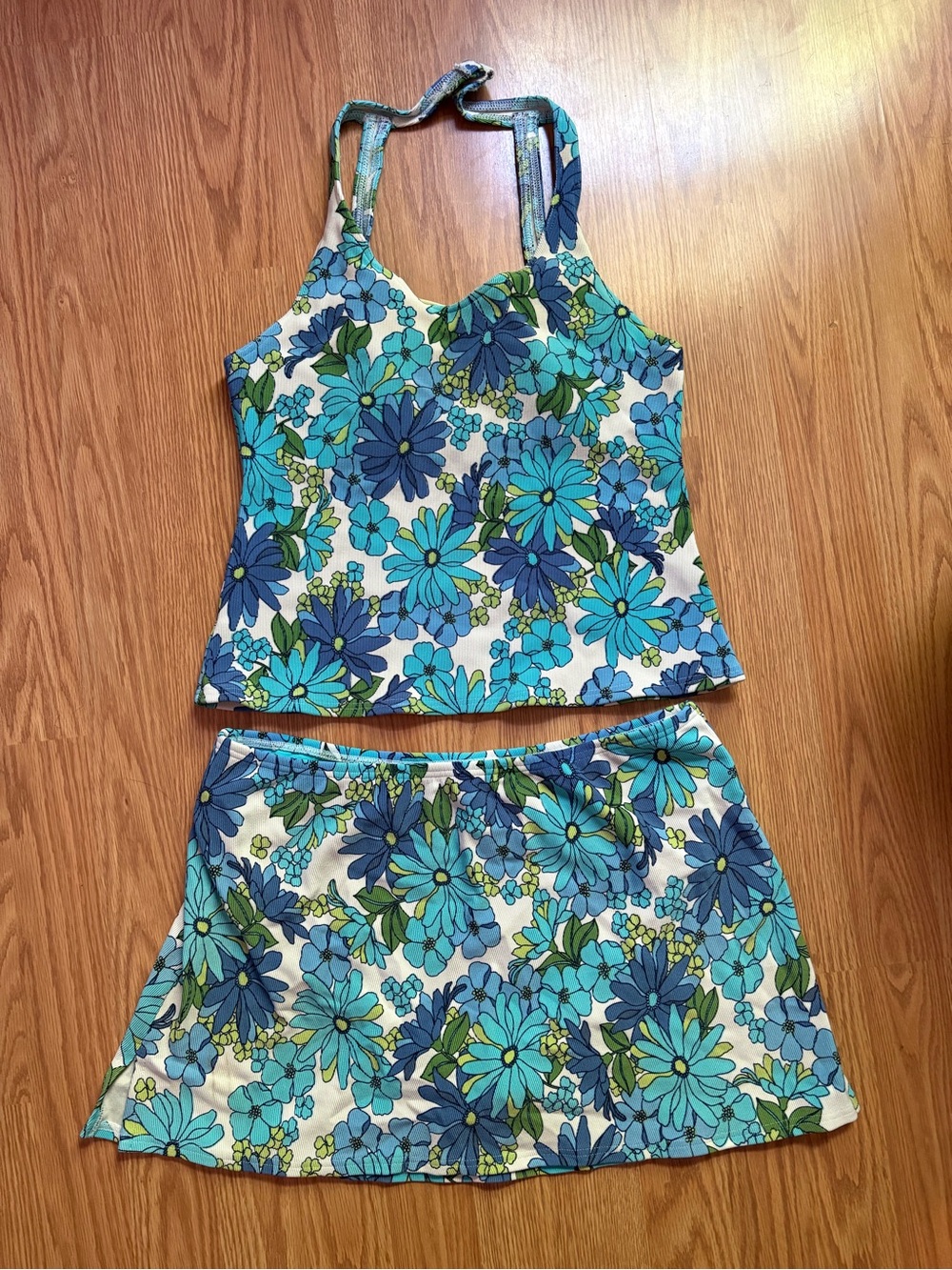 Lands End Vintage Floral Halter & Skirt Swimsuit Set Women’s VTG Size 12
